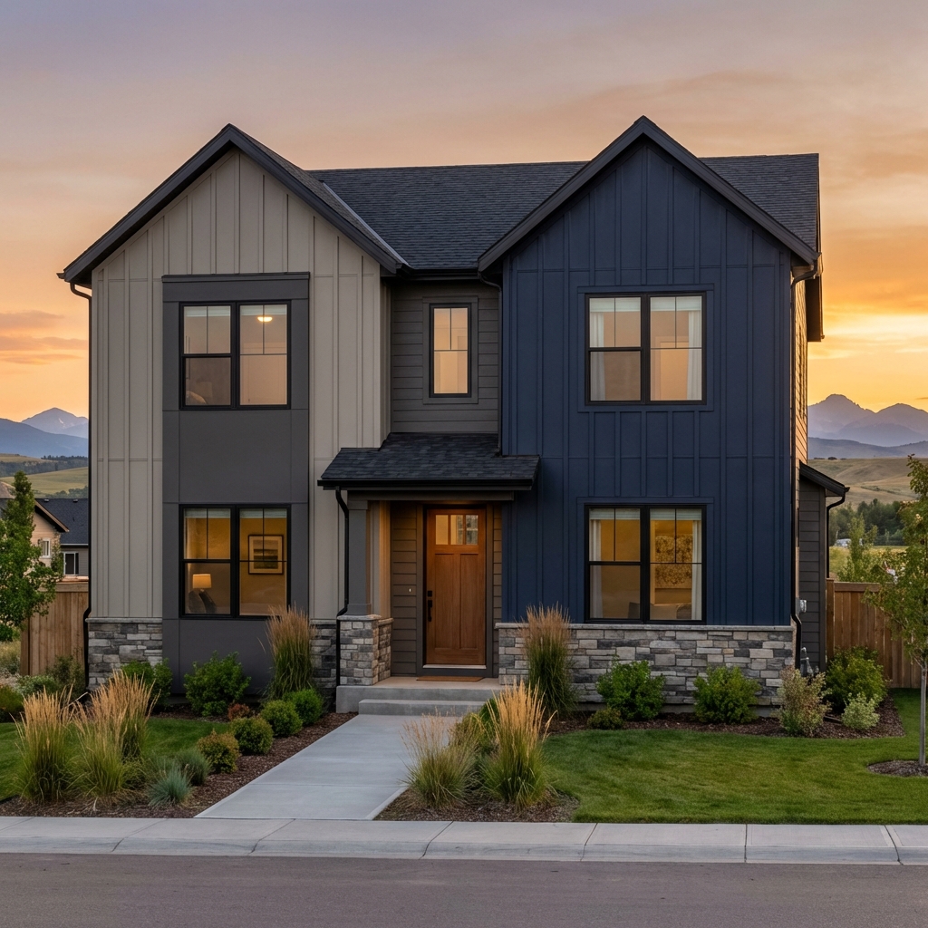 Calgary home with fresh charcoal and white siding under blue Alberta sky