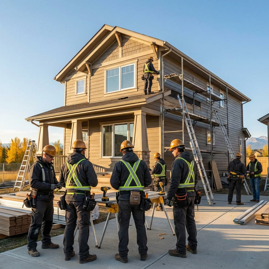 Calgary home getting new siding installed on a clear spring day