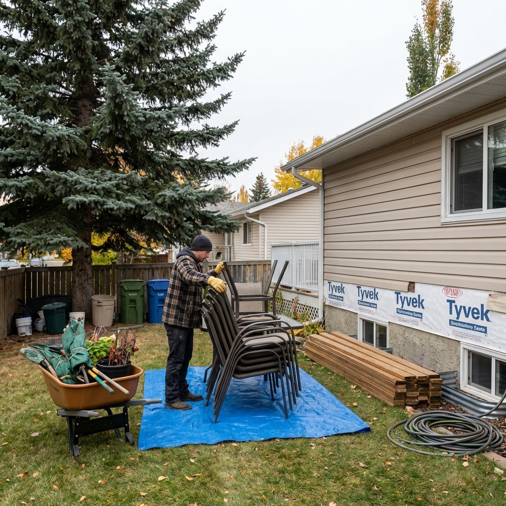 Calgary homeowner preparing their yard and home exterior before siding installation crew arrives