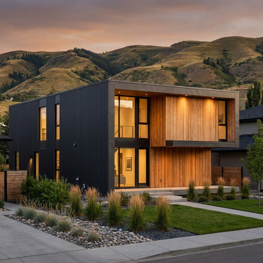 Modern Calgary home with trending deep charcoal siding, black windows and white trim