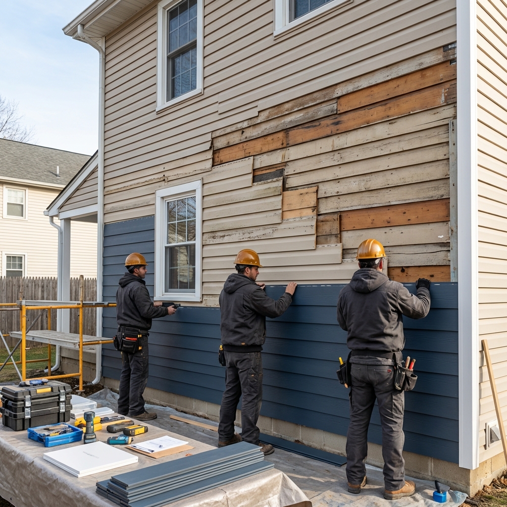 Calgary contractor removing old siding to inspect wall sheathing before re-siding