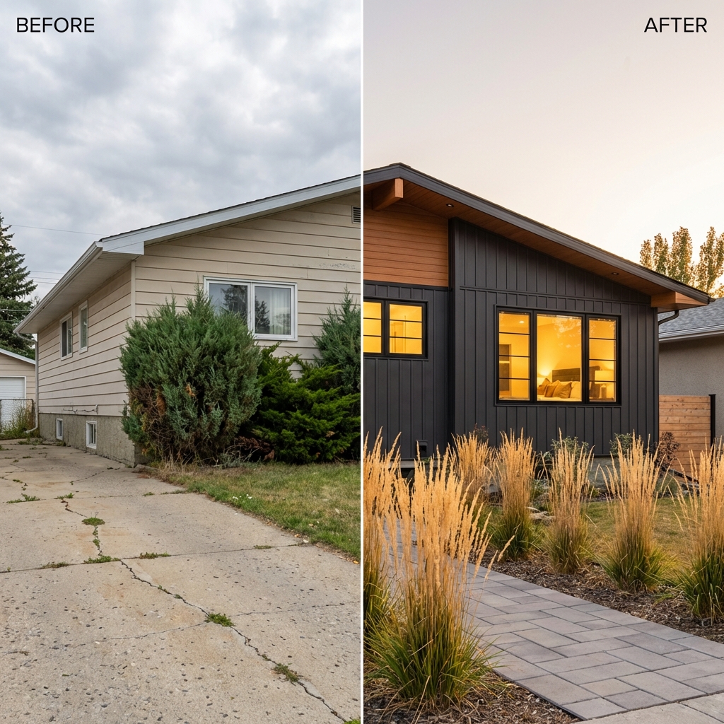 Calgary home before and after siding replacement showing improved curb appeal