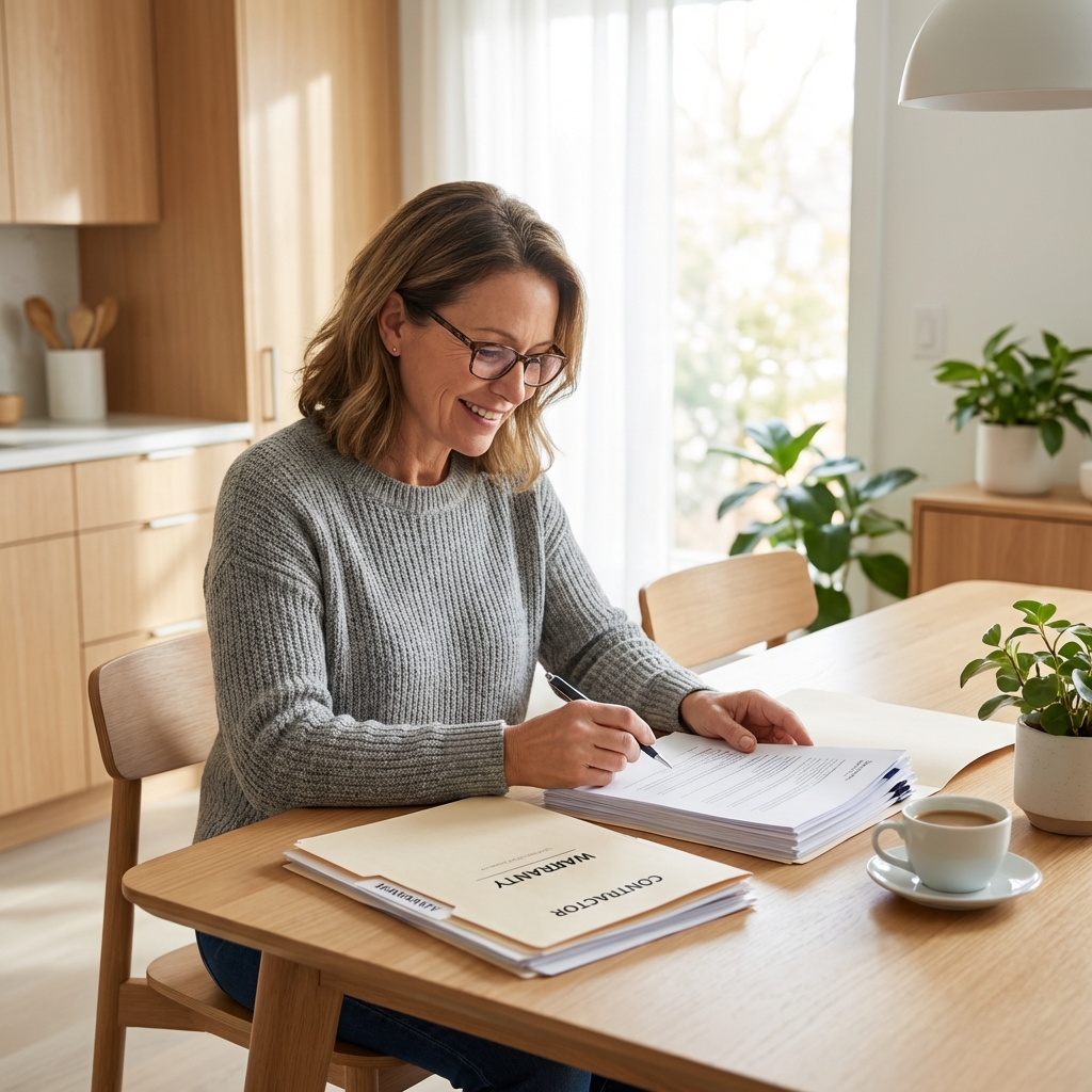 Alberta homeowner reviewing a siding warranty document with a contractor
