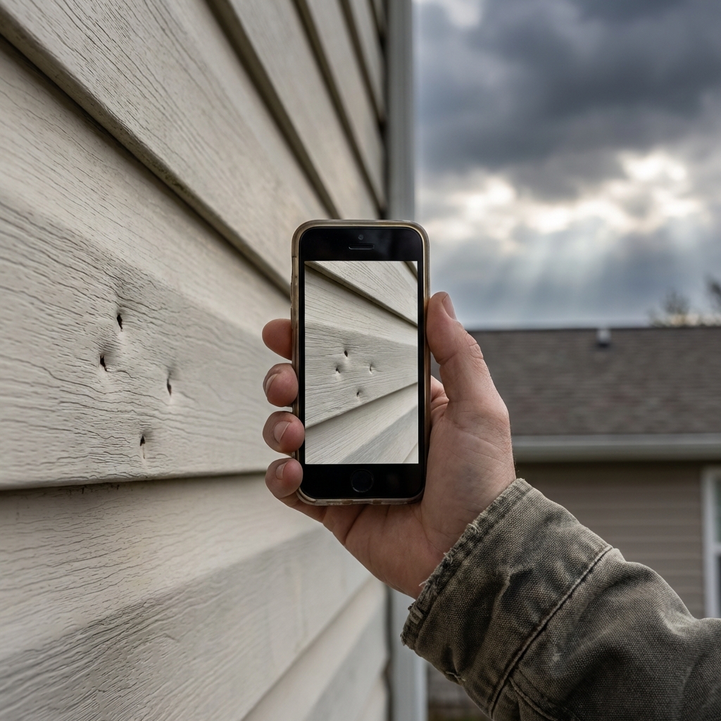 Calgary homeowner photographing hail damage to exterior siding with a smartphone