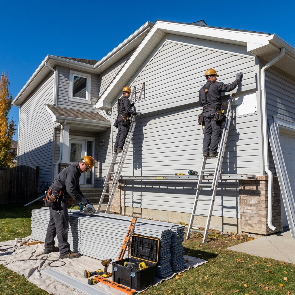Calgary siding crew installing vinyl siding panels on a residential home